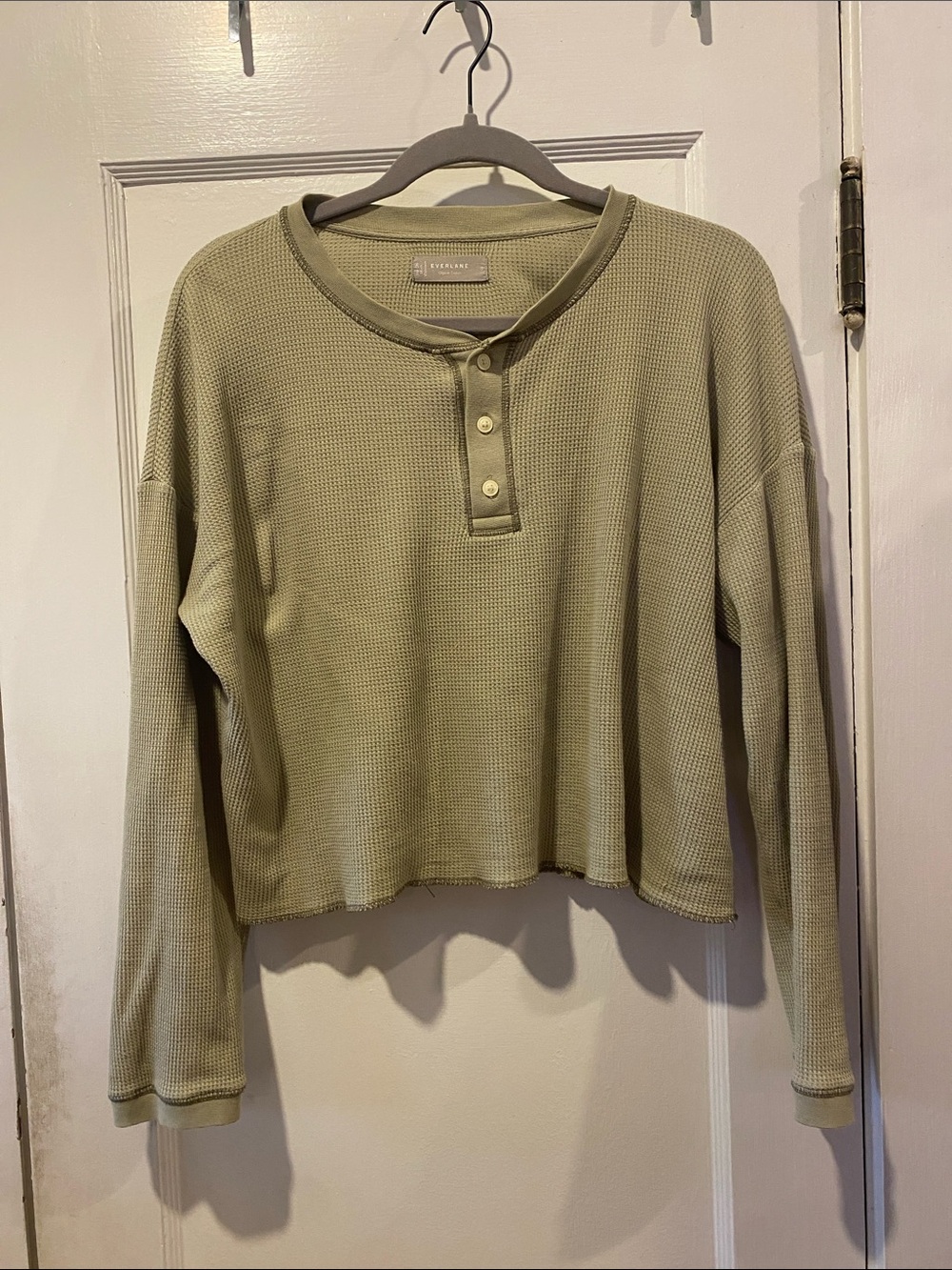 Everlane Olive Green Waffle Knit Henley Long Sleeve Top